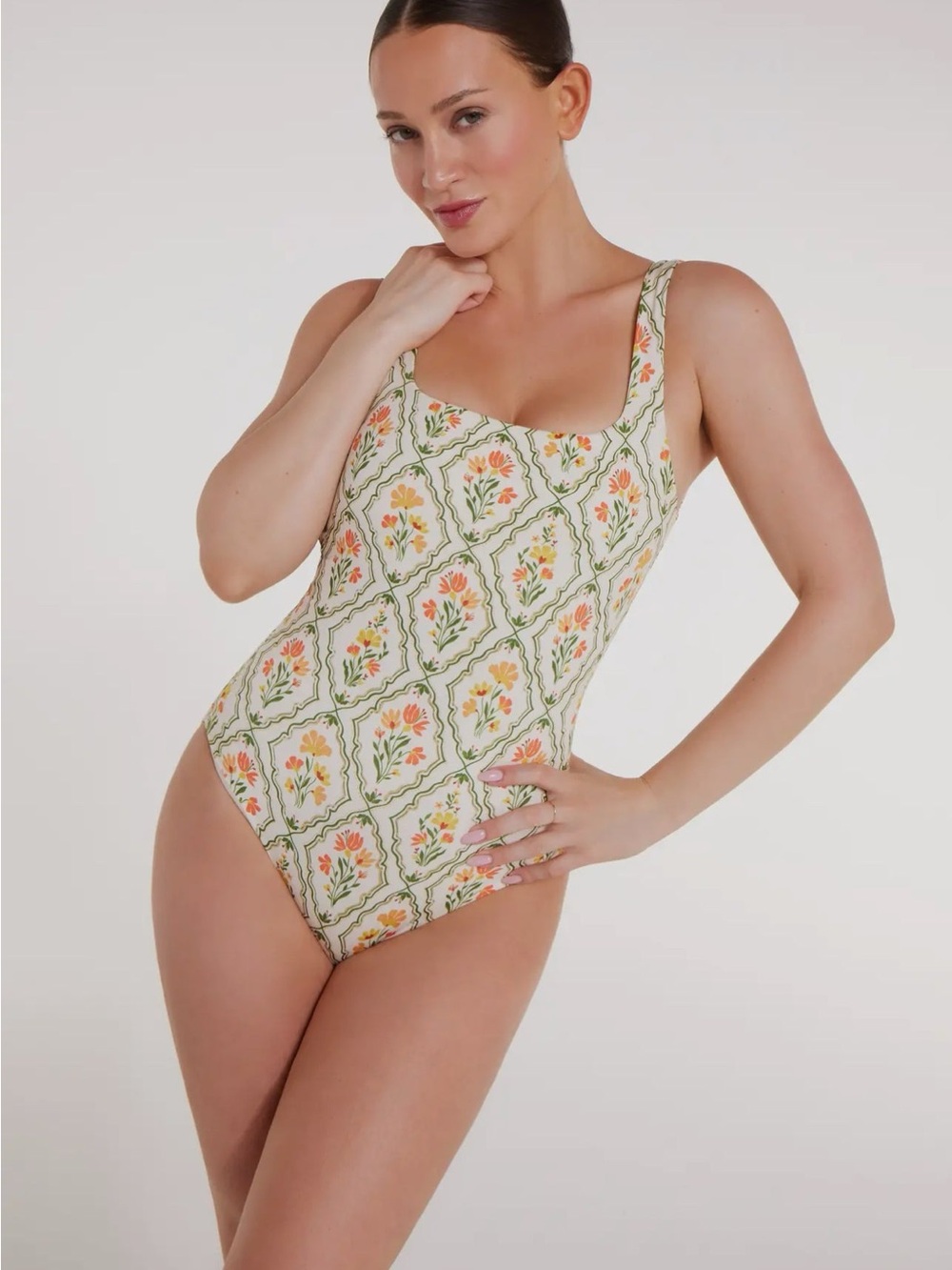 Hermoza Janece One-Piece Swimsuit with Orange and Green Floral Tile Print - Picture 3 of 12